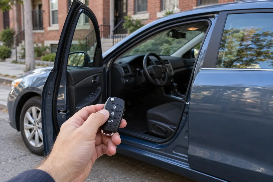 Vehicle key beside an open blue car door