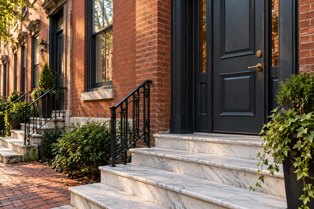 Brick residential entrance with a dark paneled door and stone steps